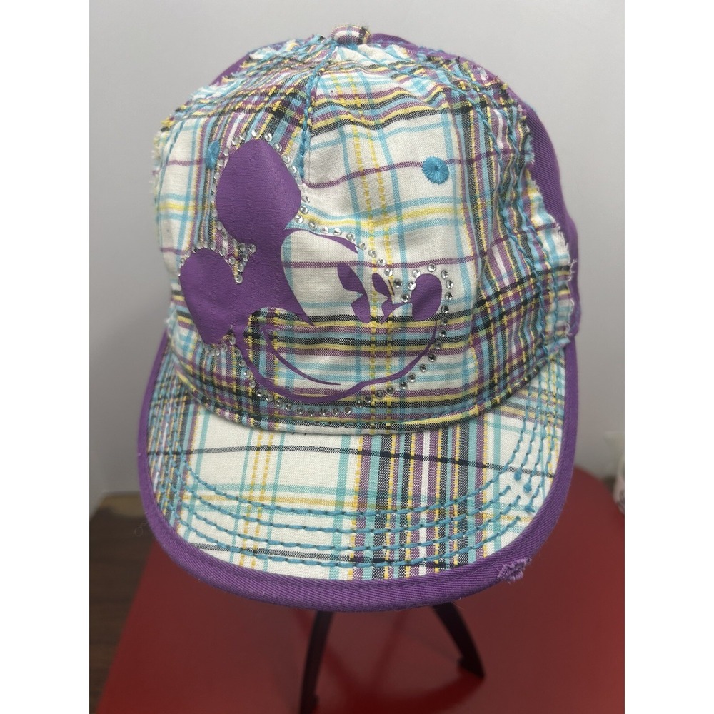Disney Parks Mickey Mouse Baseball Hat Purple Plaid Rhinestones Strapback Preppy